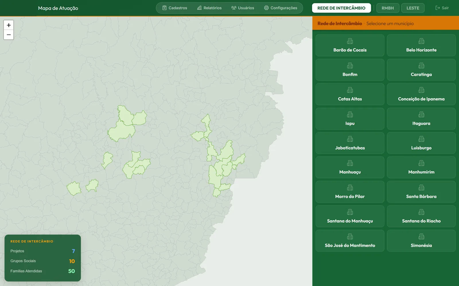 Mapa de atuação com municípios de Minas Gerais destacados e painel de seleção