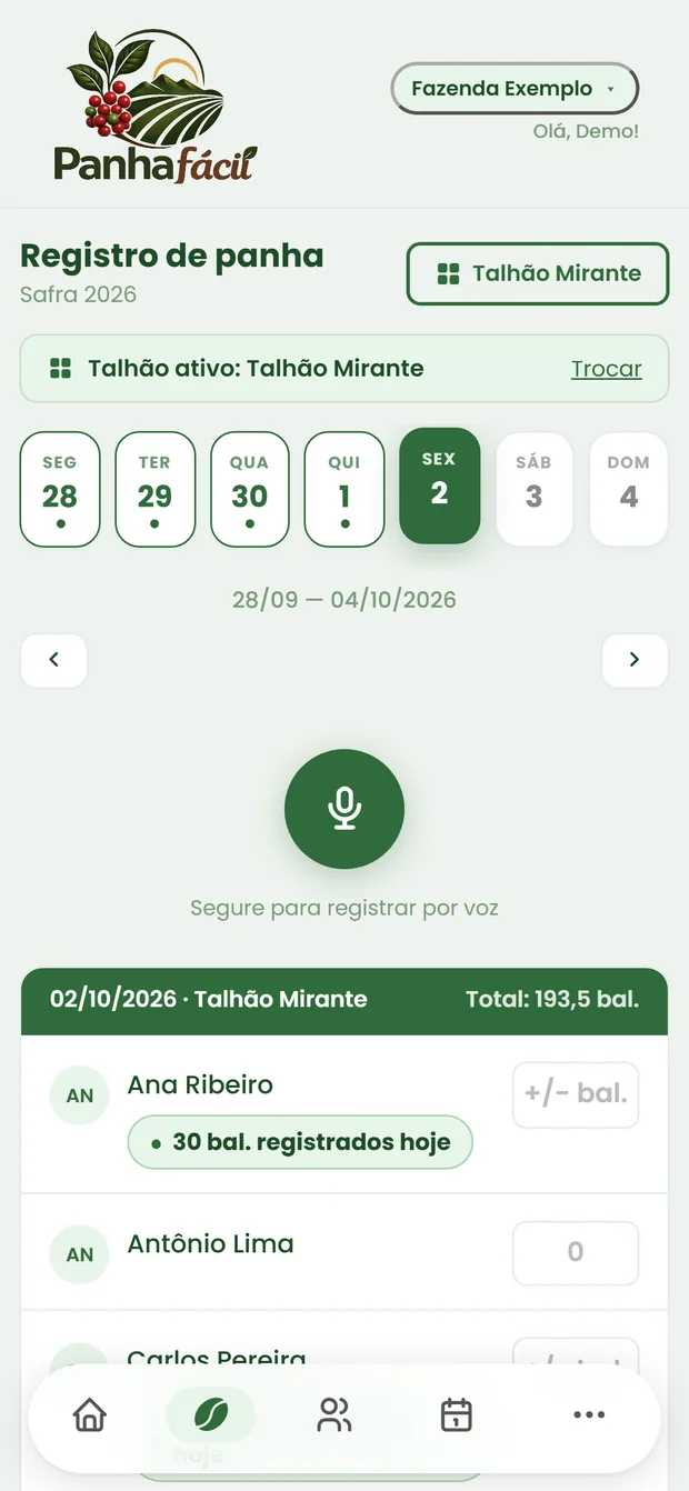 Tela de registro de panha no celular, com botão de voz