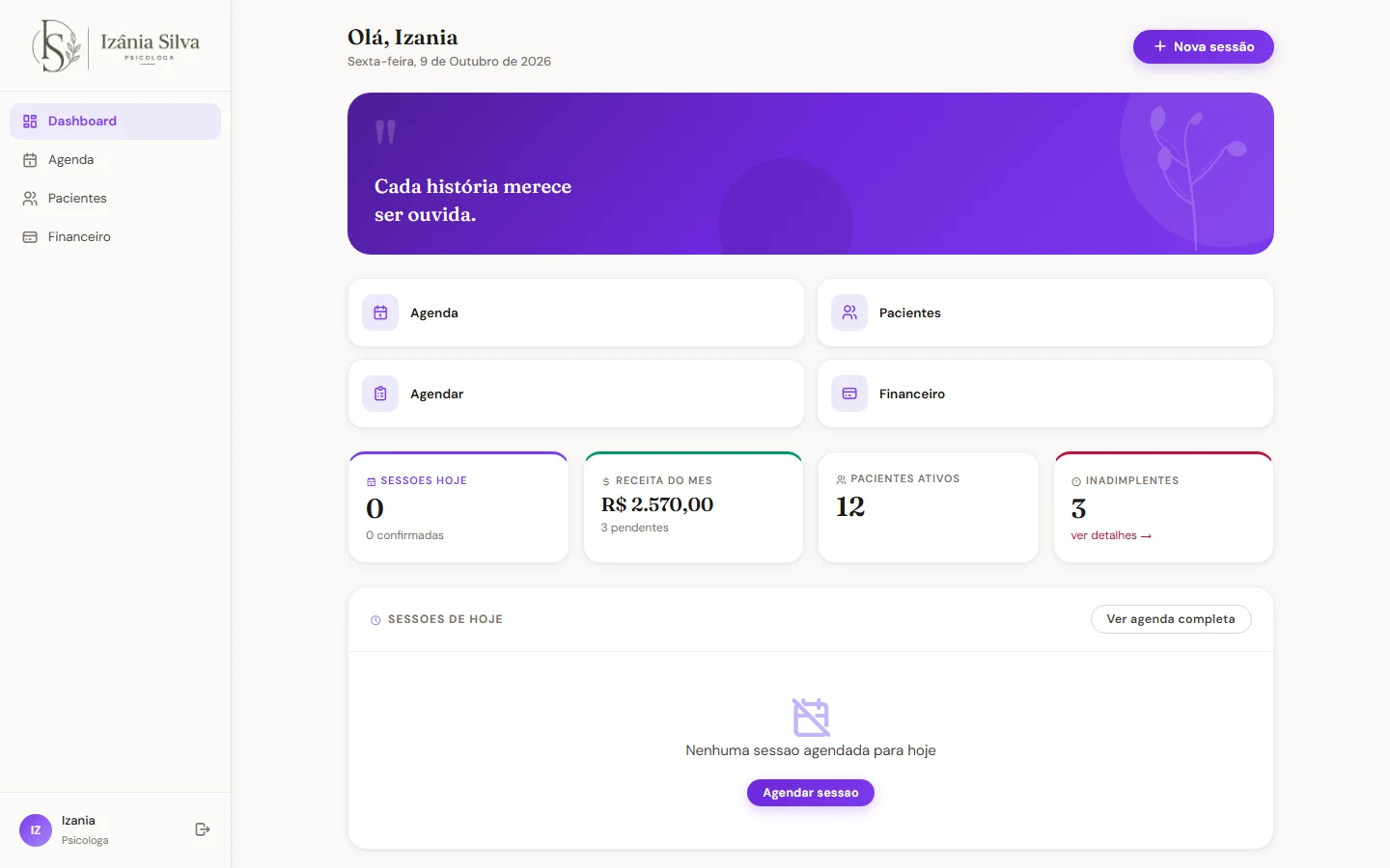 Dashboard do sistema de gestão para clínica de psicologia — agenda, pacientes e financeiro